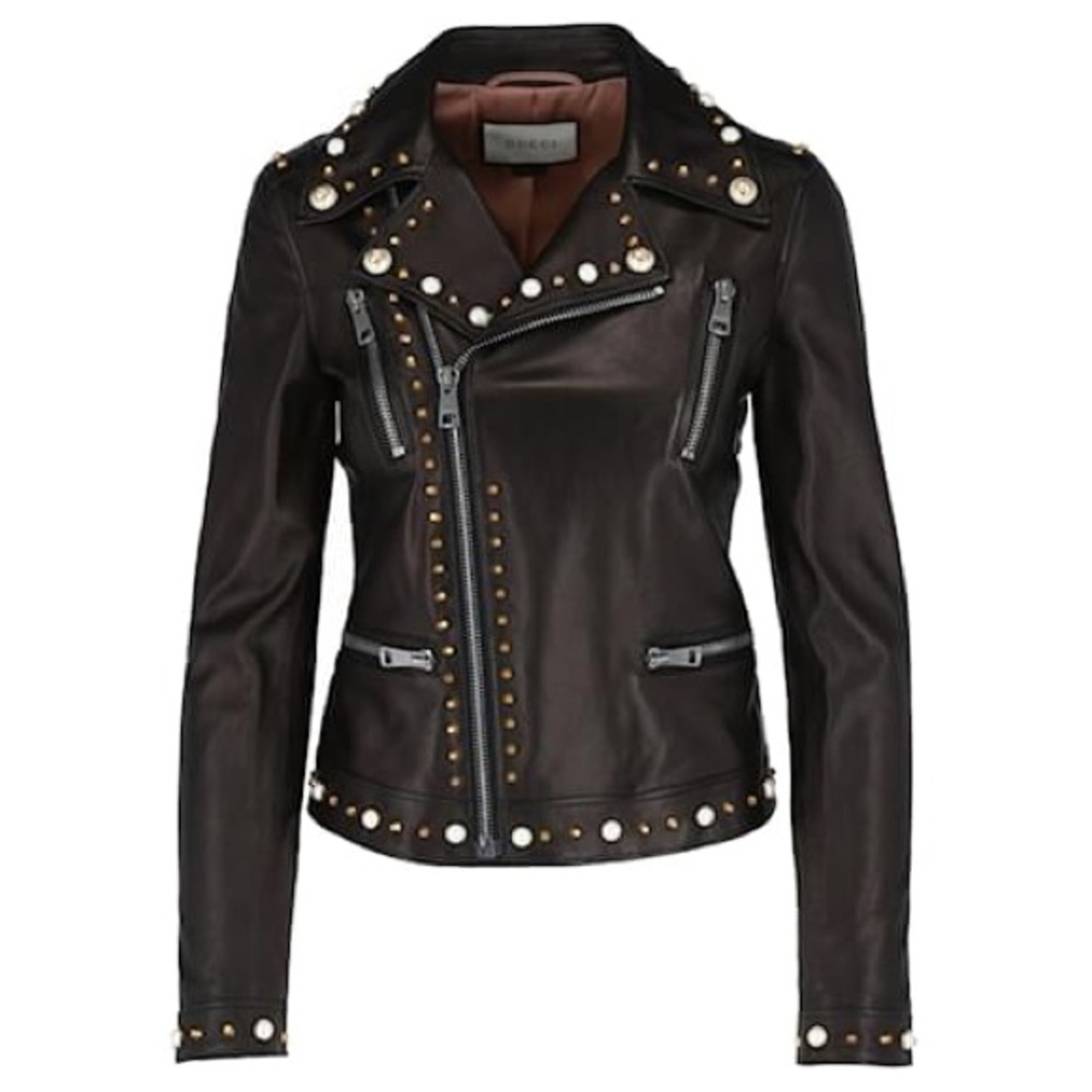 Gucci Lamb Leather Biker Zip Moto Pearl Studded Jacket Size 40 Black